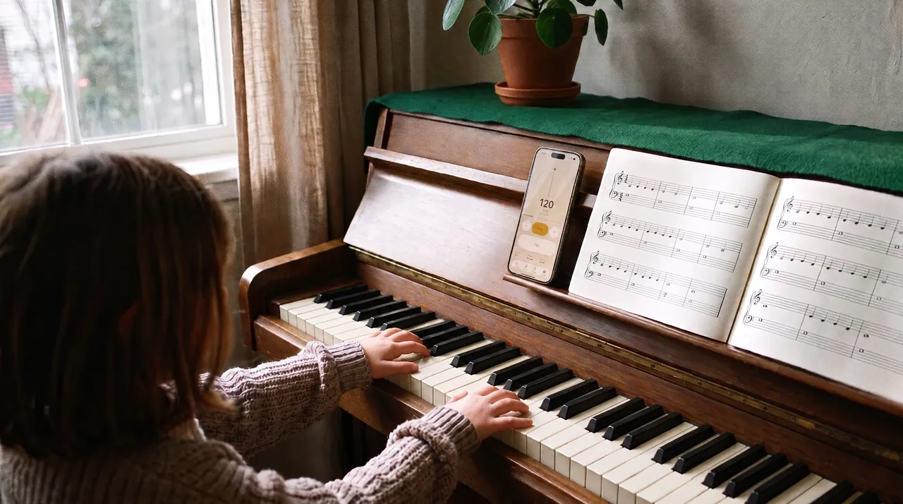 A beginner at a home piano with PULSE on the stand