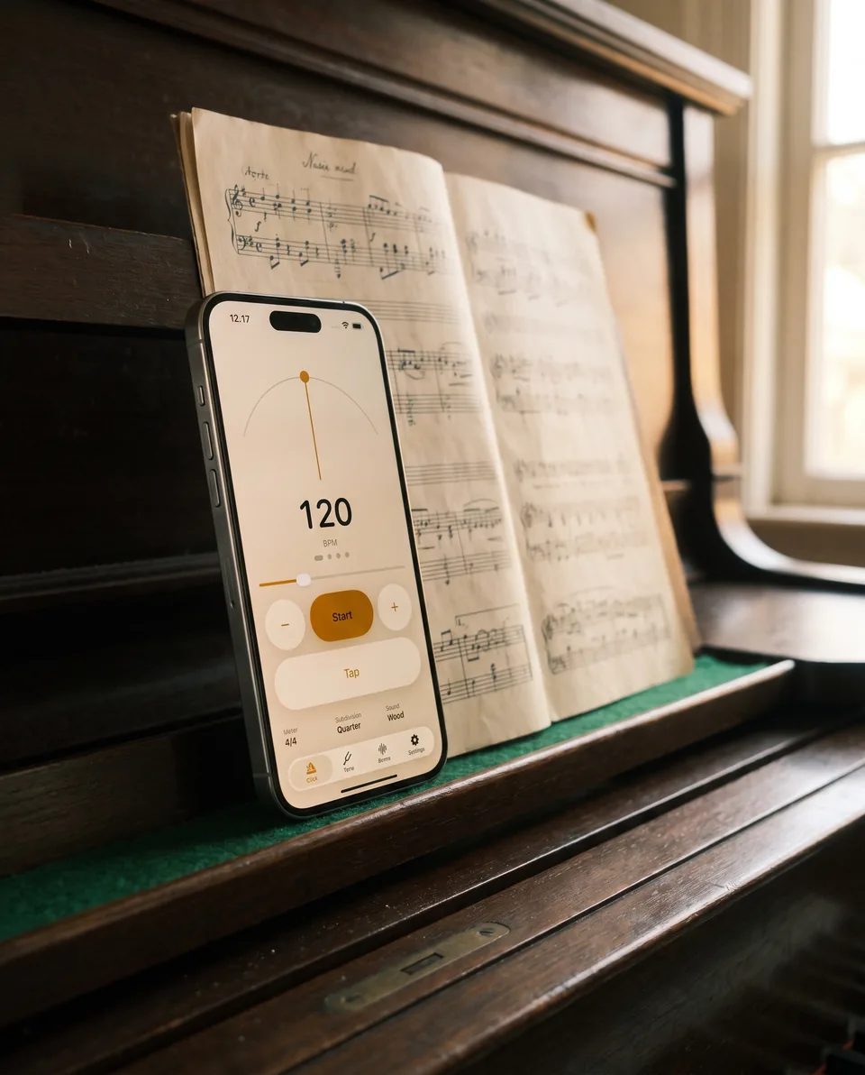 iPhone on a music stand showing the metronome at 120 BPM