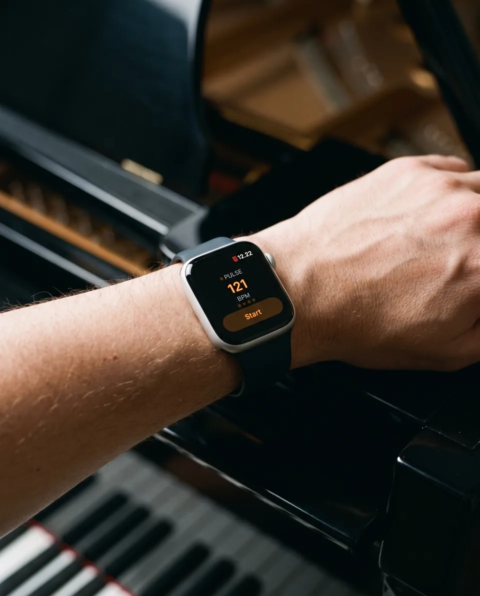 Apple Watch on a wrist showing 121 BPM